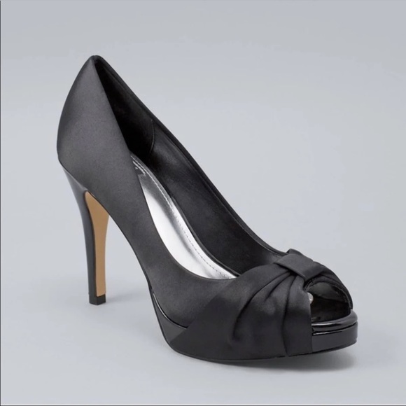 White House Black Market Shoes - WHBM Ray black satin peep platform heel